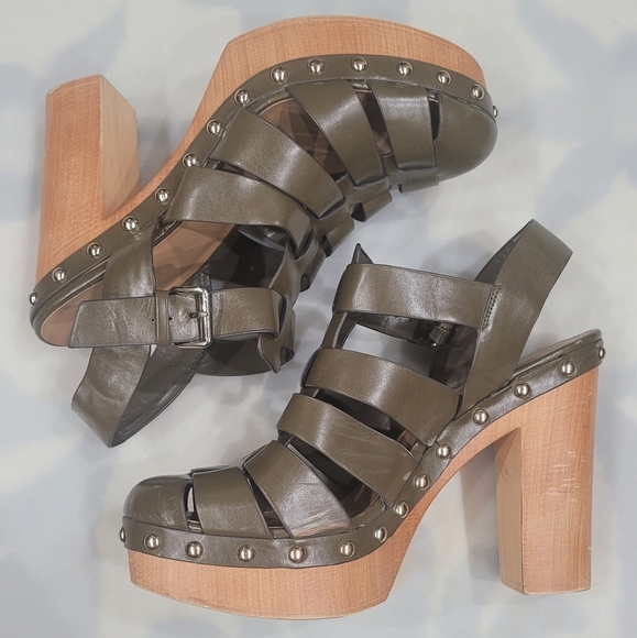 Leather Nine West Cage Chunky Heel Sandals Sz 10 Army Green Fisherman Clogs - Picture 7 of 12